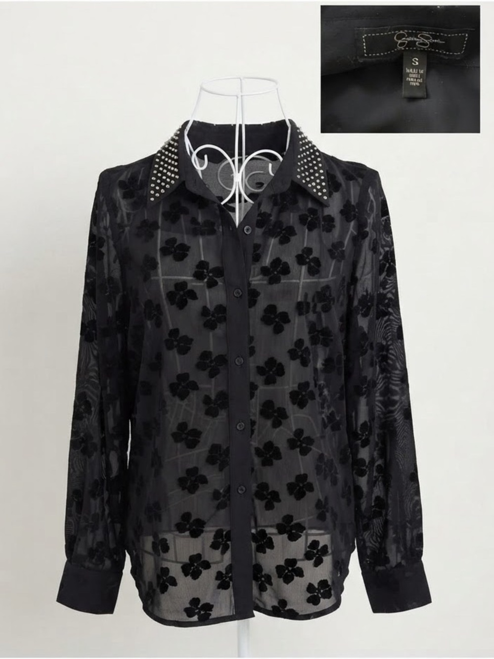 Black Y2K Sheer Floral Blouse Goth Whimsigoth Coquette Top / Size Small